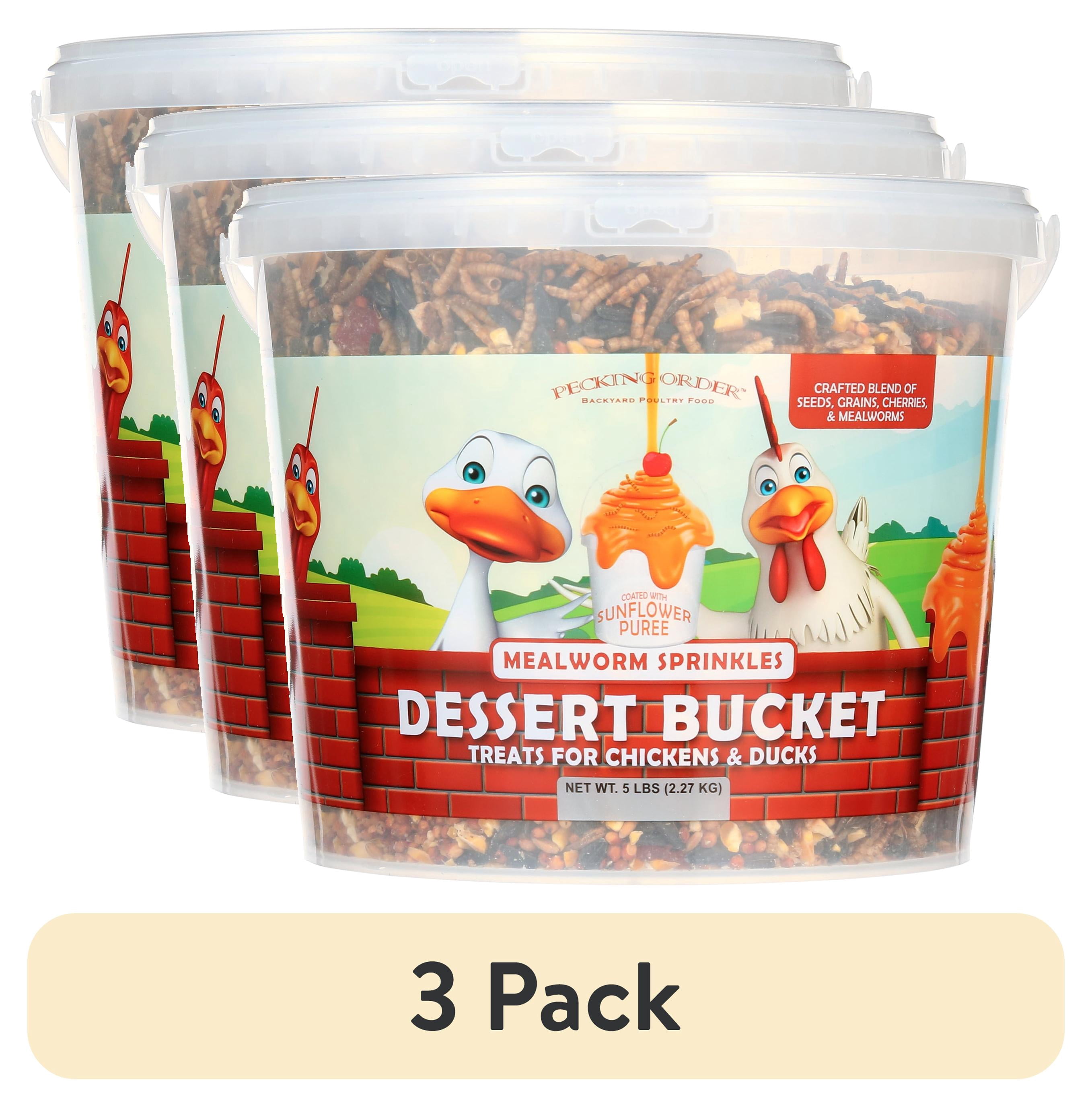 (3 pack) Pecking Order Dessert Bucket with Mealworm bits, 5 lb. for Poultry with Easy-to-Carry Handle