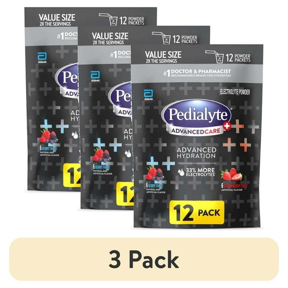 (3 pack) Pedialyte AdvancedCare Plus Electrolyte Powder, Variety Pack: Berry Frost and Strawberry Freeze, 12 Powder Packets