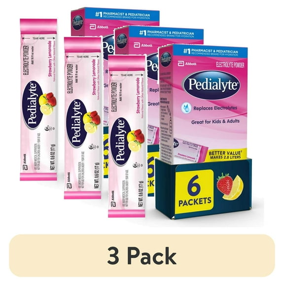 (3 pack) Pedialyte Electrolyte Powder Packets, Strawberry Lemonade, Powder Packets, 6 Count