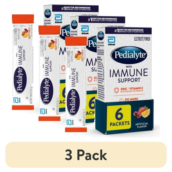 (3 pack) Pedialyte with Immune Support, Fruit Punch, Powder Packets, 6 Count