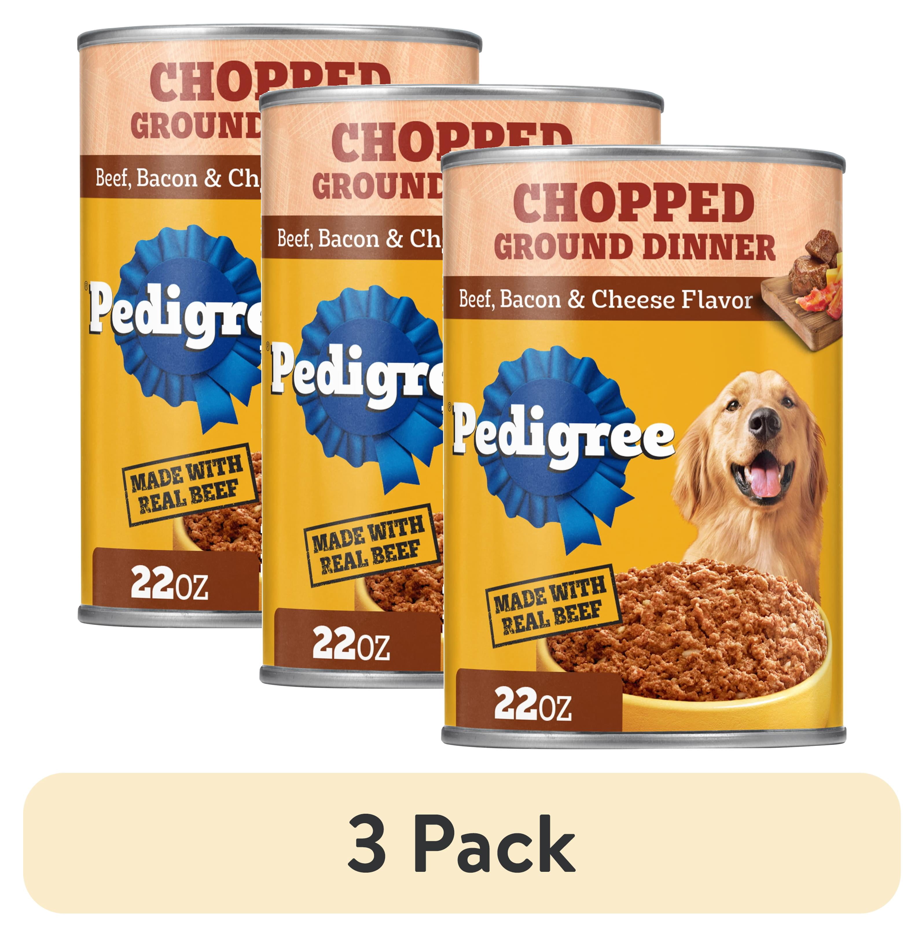 (3 pack) Pedigree Chopped Ground Dinner Beef Bacon & Cheese Flavor Adult Wet Dog Food, (12) 22 Oz Cans