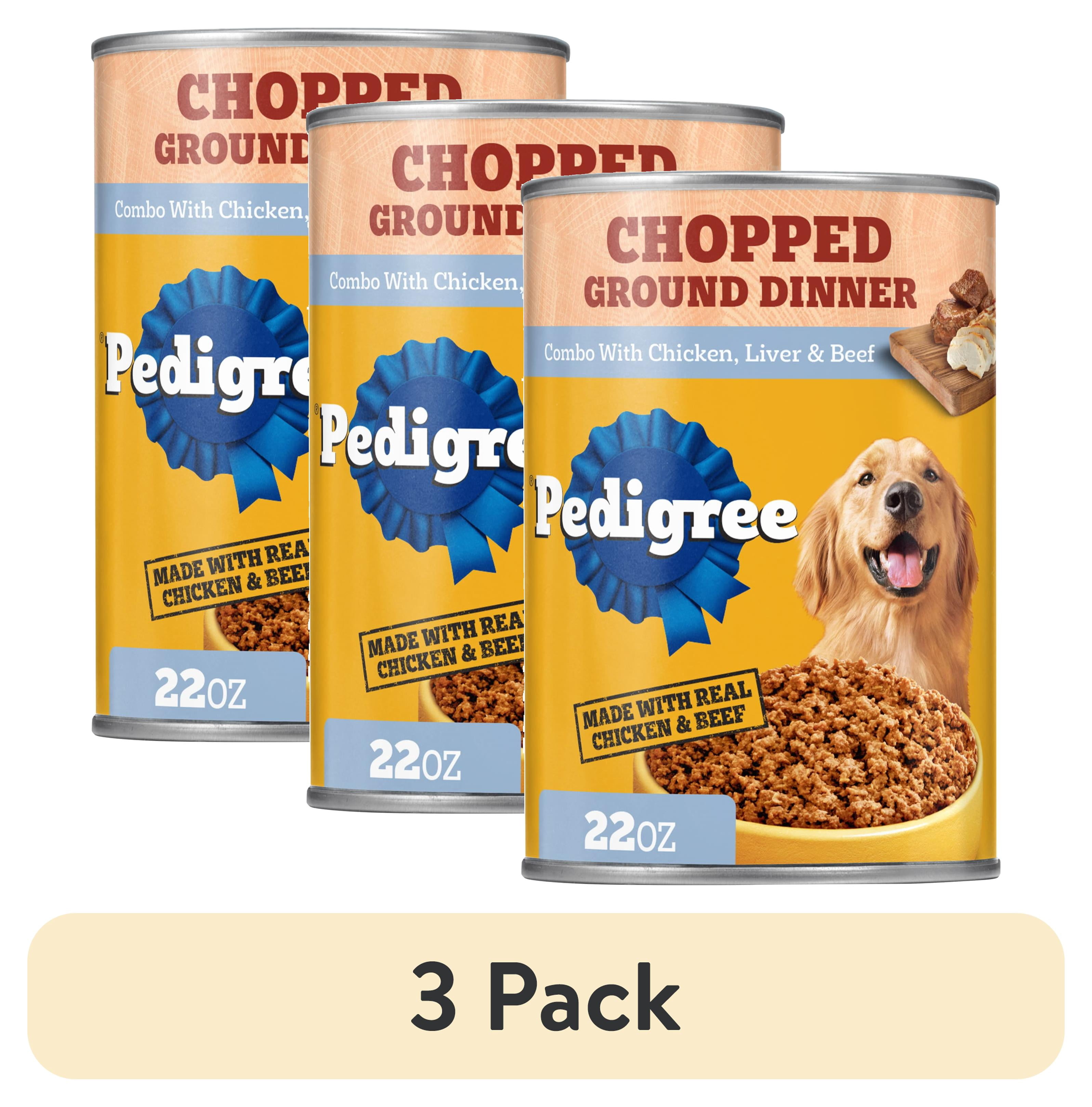 (3 pack) Pedigree Chopped Ground Dinner Chicken, Liver & Beef Adult Soft Wet Dog Food, (12) 22 oz Cans
