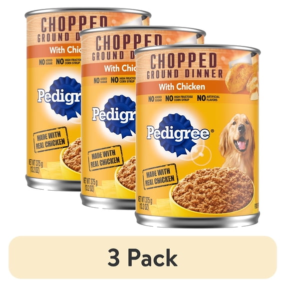 (3 pack) Pedigree Chopped Ground Dinner Wet Dog Food With Chicken, Canned Dog Food, 13.2 oz. Cans, 12 Count
