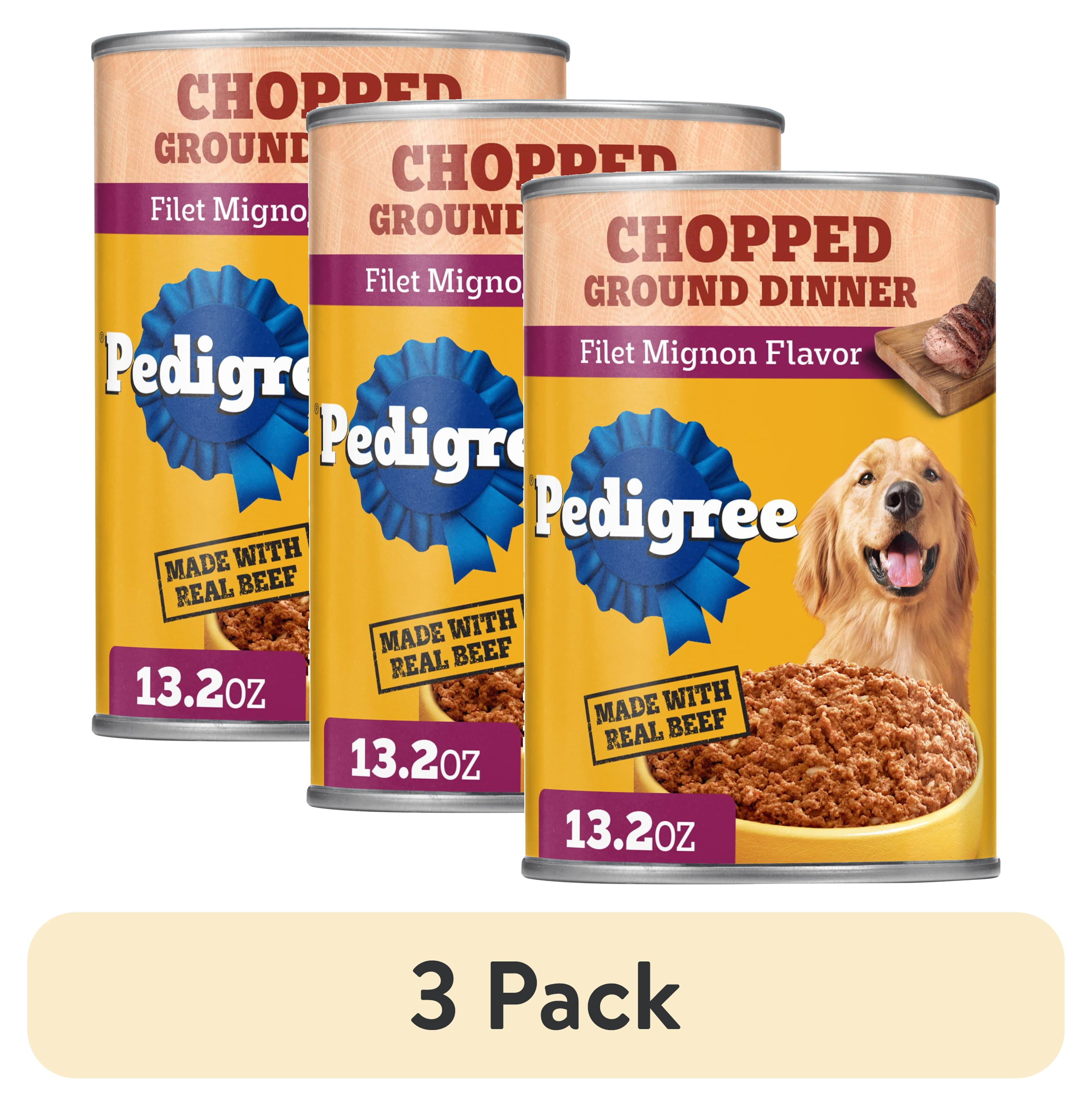 (3 pack) Pedigree Chopped Ground Dinner Filet Mignon Flavor Adult Wet Dog Food, 13.2 oz Can