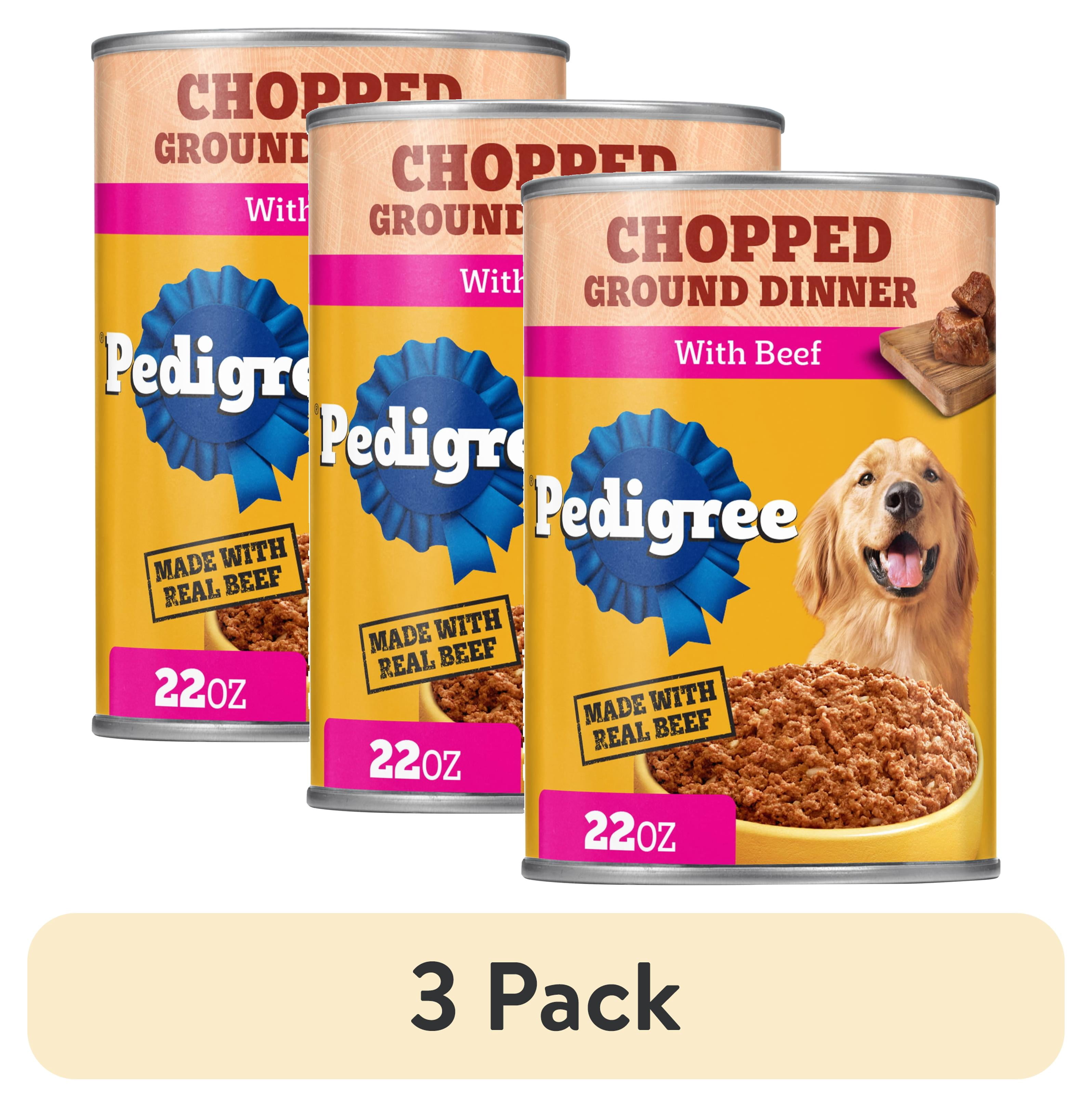 (3 pack) Pedigree Chopped Ground Dinner Soft Wet Dog Food With Beef, Canned Dog Food, 22 oz. Cans, 12 Count