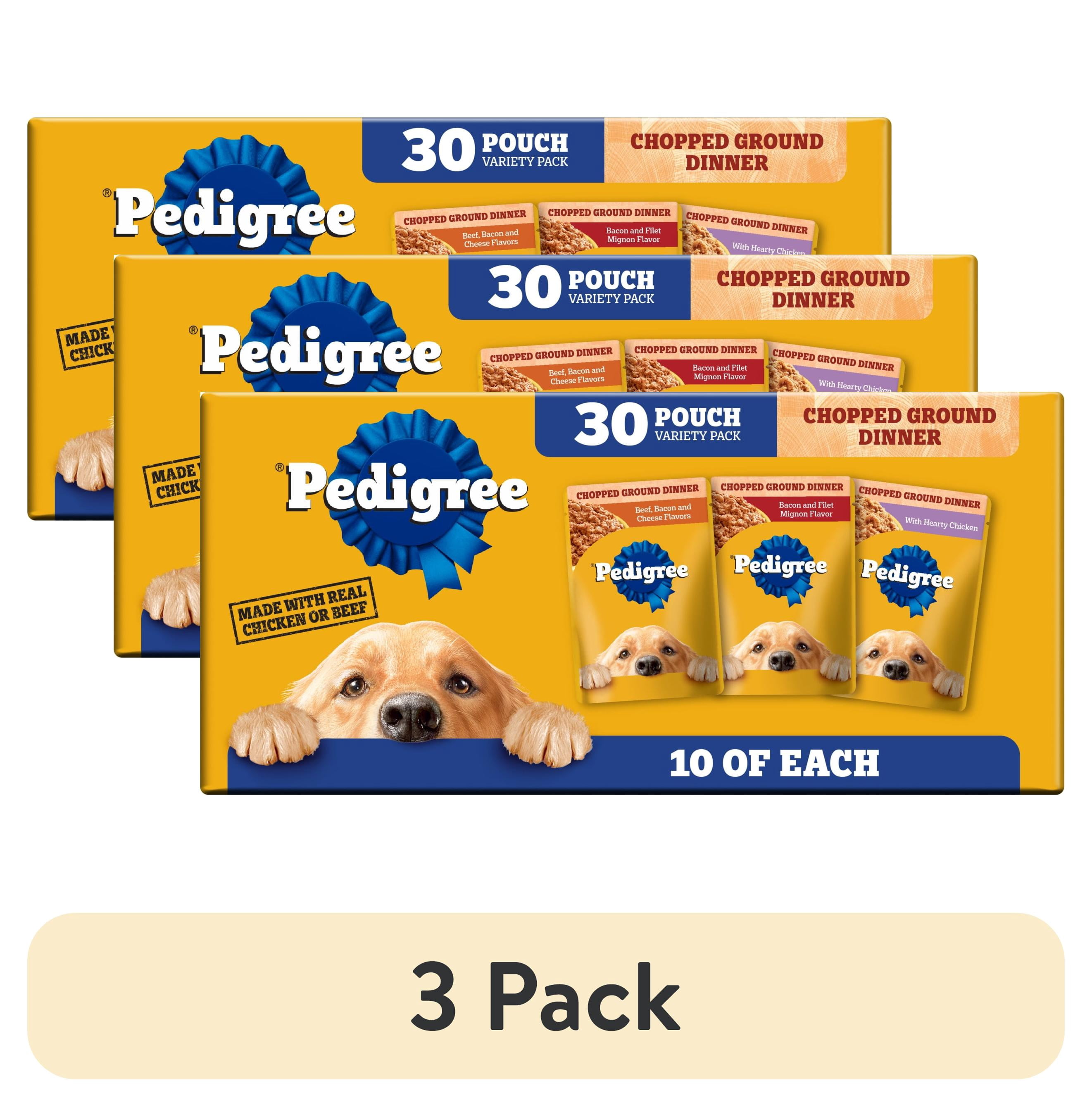 (3 pack) Pedigree Chopped Ground Dinner Beef & Bacon Variety Pack Wet Dog Food, (30) 3.5 Oz Pouches