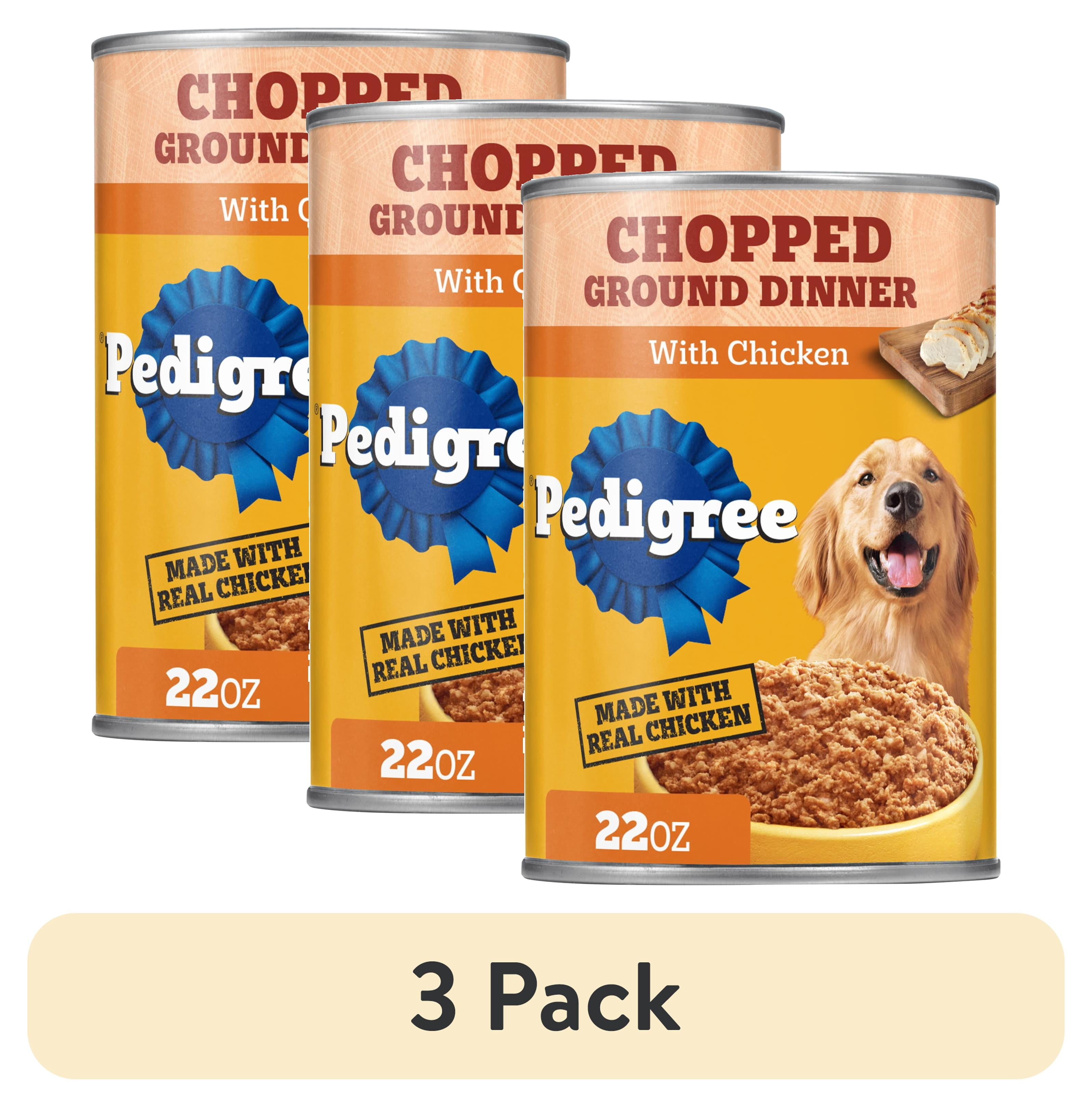 (3 pack) Pedigree Chopped Ground Dinner Wet Dog Food With Chicken, Canned Dog Food, 22 oz. Can