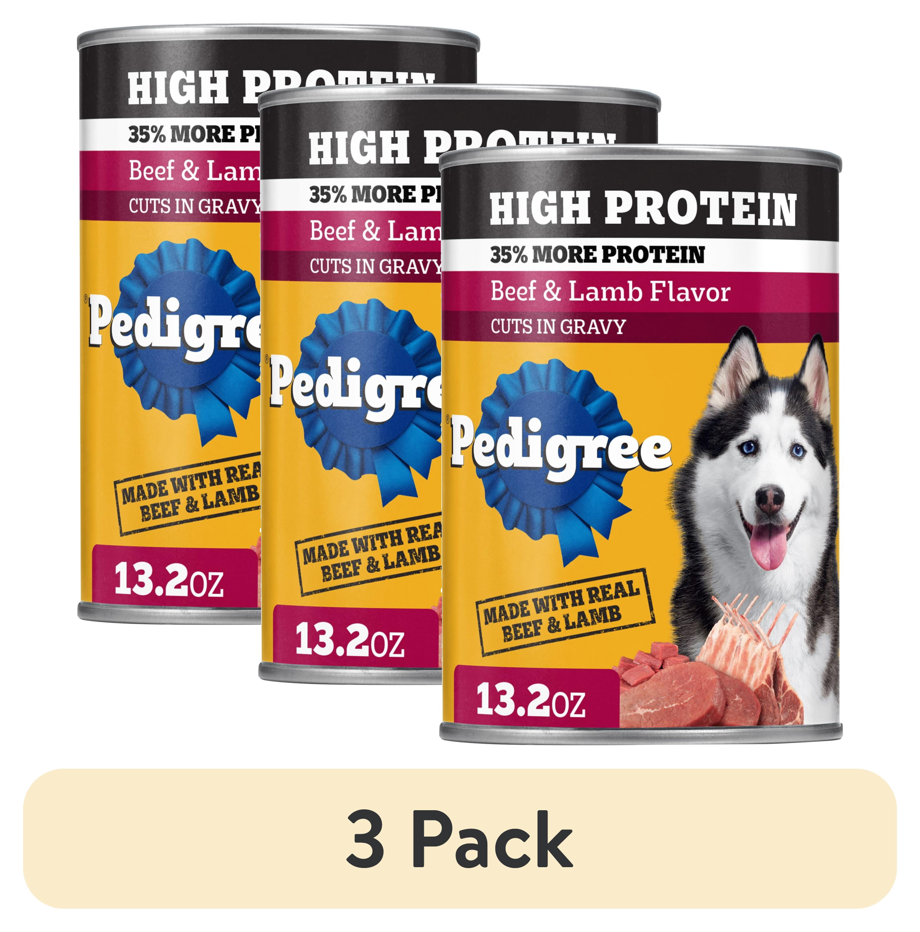 (3 pack) Pedigree High Protein Beef & Lamb flavor In Gravy Adult Soft Wet Dog Food, (12) 13.2 oz Cans