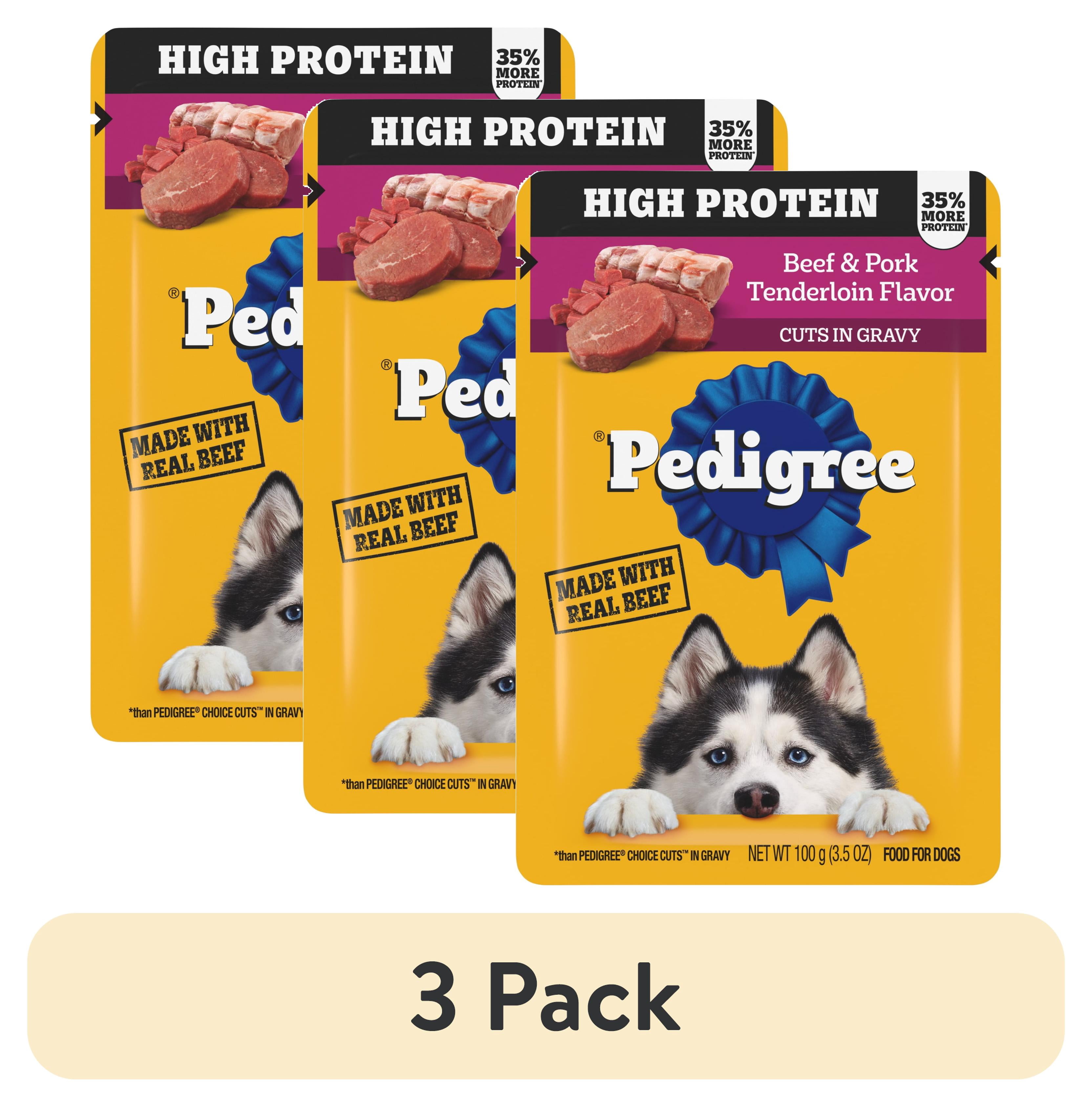 (3 pack) Pedigree High Protein Dog Food Wet Pouches, Beef & Pork Tenderloin, 3.5 oz. Pouches, 16 Count