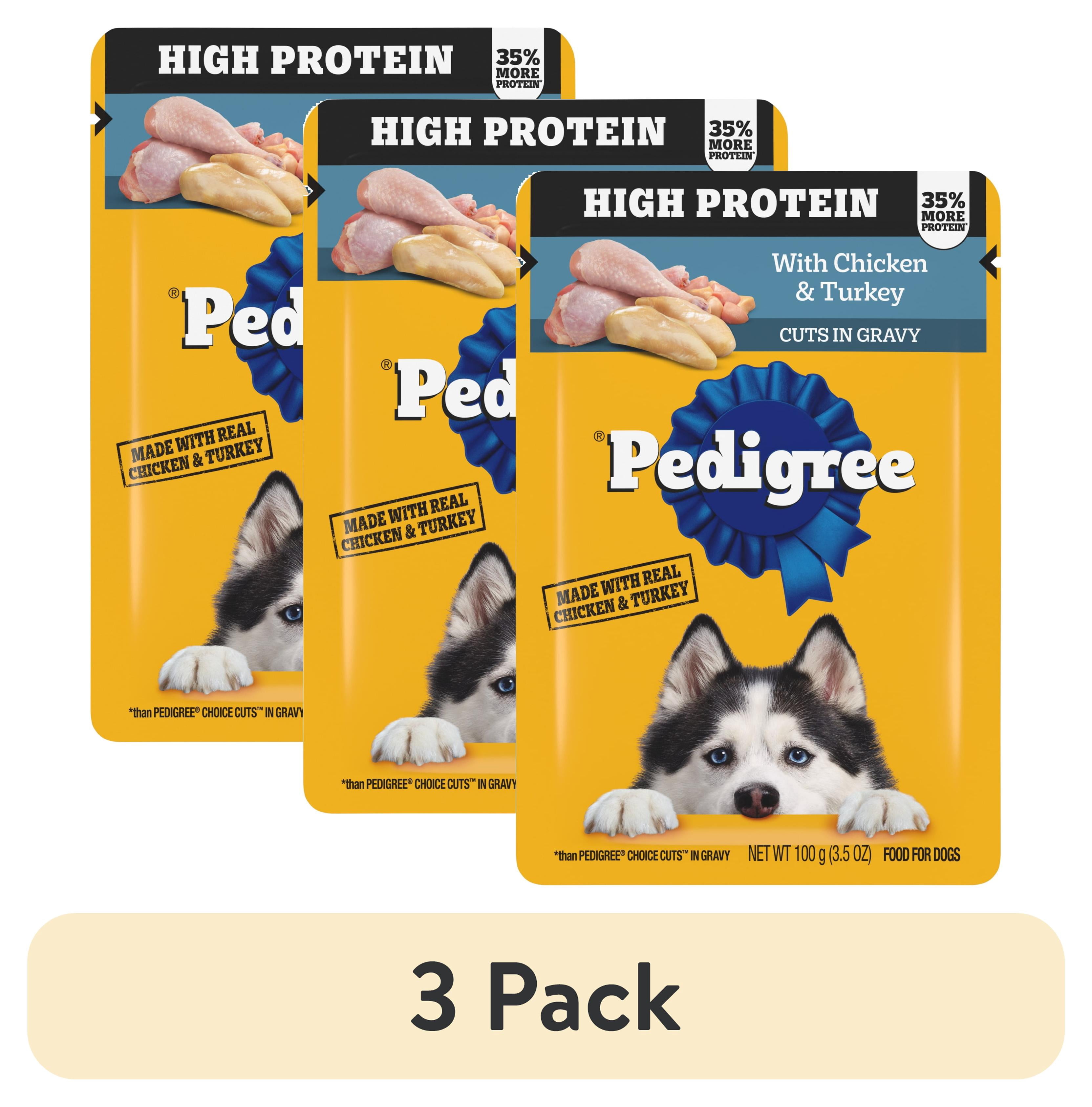 (3 pack) Pedigree High Protein Dog Food Wet Pouches, Chicken & Turkey, 3.5 oz. Pouches, 16 Count
