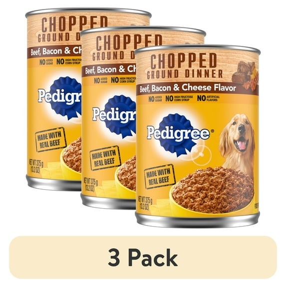 (3 pack) Pedigree Chopped Ground Dinner Beef Bacon & Cheese Flavor Adult Wet Dog Food, (12) 13.2 oz Cans