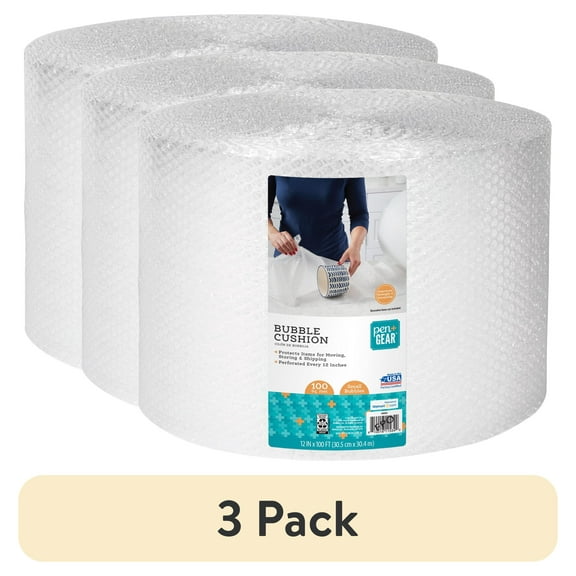 (3 pack) Pen+Gear 12" x 100' Bubble Wrap Roll, 3/16" Bubbles