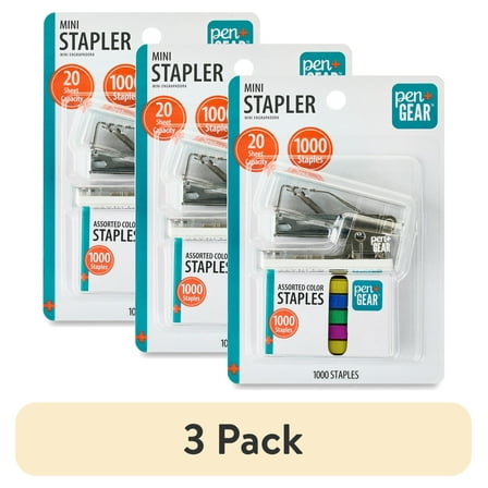 (3 pack) Pen+Gear 20-Sheet Mini Stapler with 1000 Staples, Clear