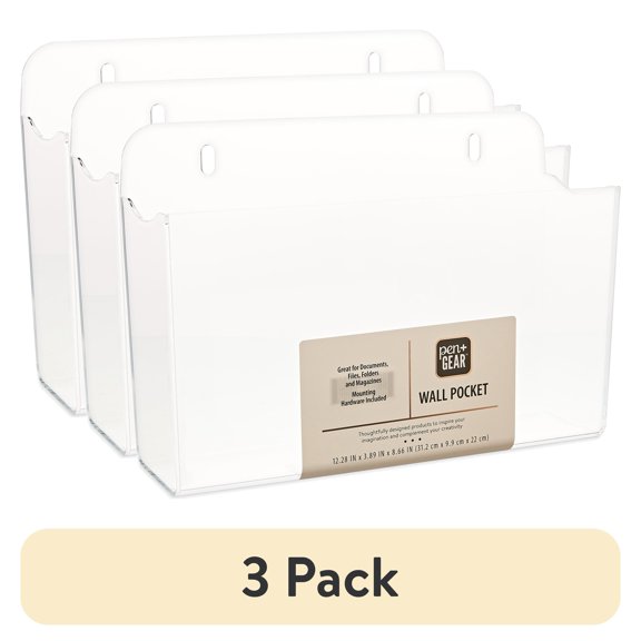 (3 pack) Pen+Gear Acrylic Wall Pocket, 12.28"x3.89"x8.66", Clear, File Organizers, Wall Mount