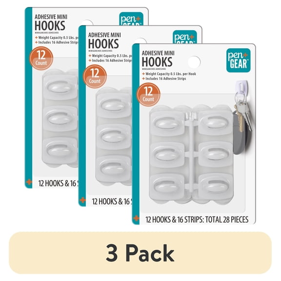(3 pack) Pen+Gear Heavy-Duty Plastic Adhesive Mini Wall Hooks, Damage Free, White, 12 Count