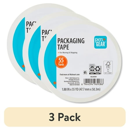 (3 pack) Pen+Gear Packaging Tape, Clear, 1.88 in x 55 Yard,1 Roll, Can Be Used for Shipping, Packaging, Sealling