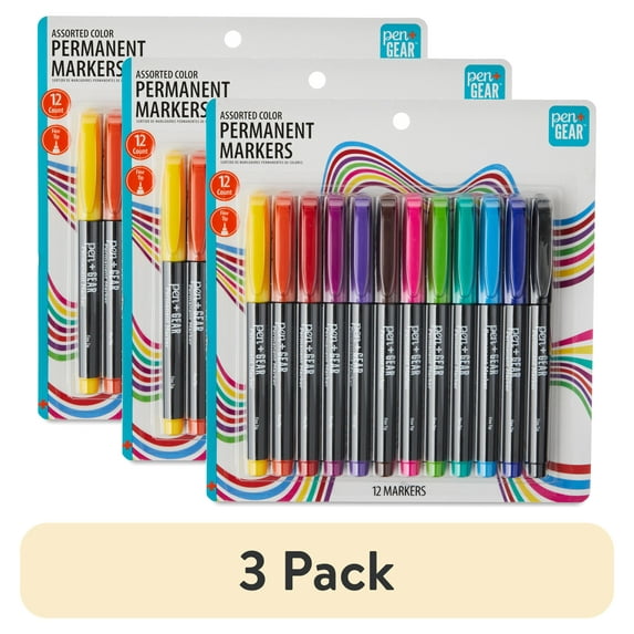 (3 pack) Pen+Gear Permanent Markers, Fine Tip, Assorted Colors, 12 Count