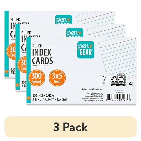 (3 pack) Pen+Gear Ruled Index Cards, White, 300 Count, 3" x 5"