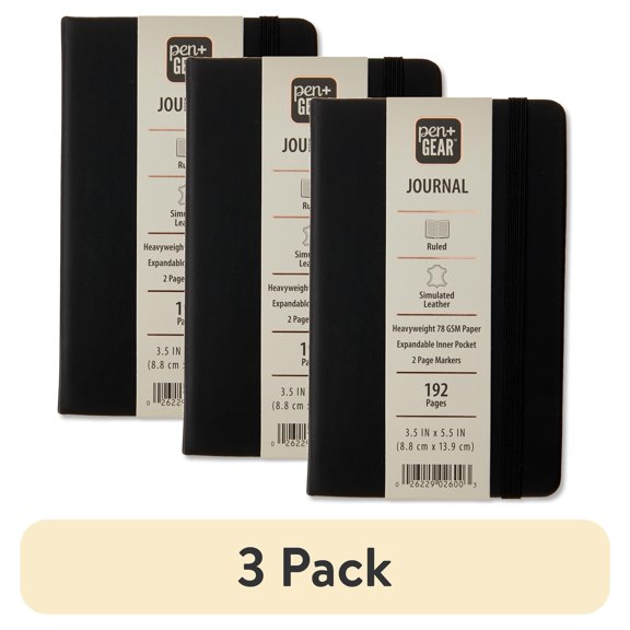 (3 pack) Pen+Gear Simulated Leather Journal, Black, 3.5" x 5.5", 192 Ruled Pages