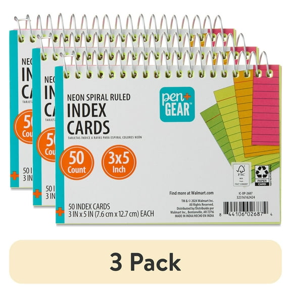 (3 pack) Pen+Gear Spiral Ruled Index Cards, Neon, 50 Count, 3" x 5"