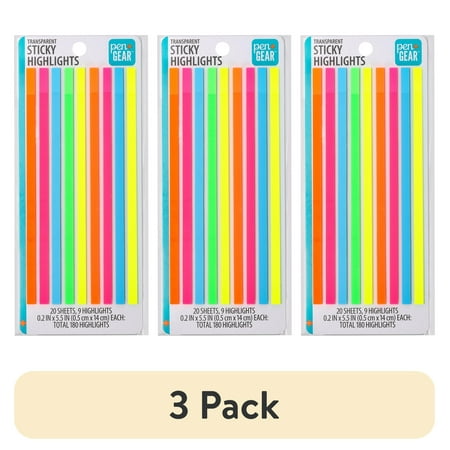 (3 pack) Pen + Gear Transparent Sticky Highlights, 0.2x5.5 Inch, Assorted Colors, 9 Pads