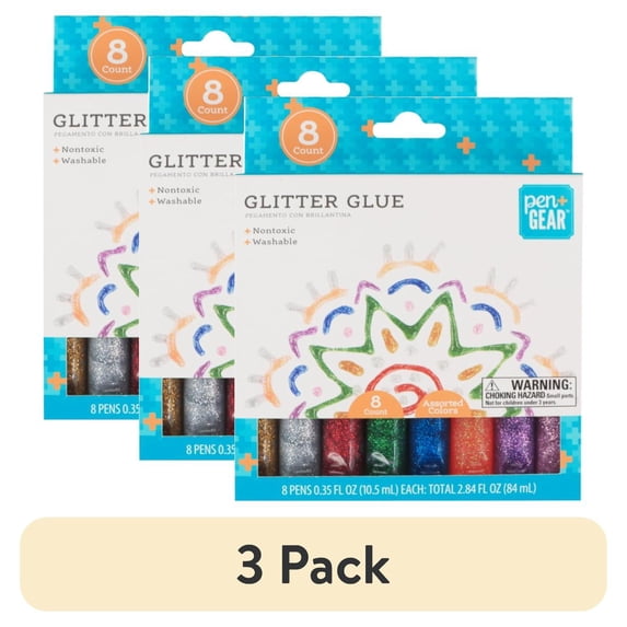 (3 pack) Pen+Gear Washable Glitter Glue Pen with chisel pen point, 10.5ml 8 Ct Total 0.185 lb, Blue, Red, Pink, Etc, Nontoxic Craft DIY Art
