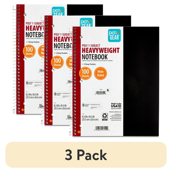 (3 pack) Pen+Gear Wide Ruled 1-Subject Poly Notebook, Black, 8.5" x 10.5", 100 Sheets