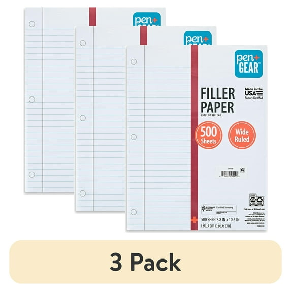 (3 pack) Pen+Gear Wide Ruled 8" x 10.5" Filler Paper, 500 Sheets