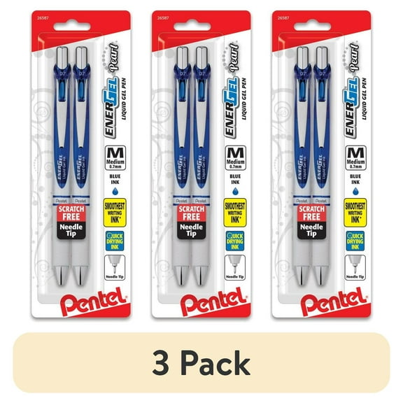 (3 pack) Pentel EnerGel Pearl Retractable Liquid Gel Pen, Needle Tip (0.7mm) Medium Line, Blue Ink, 2-Pk