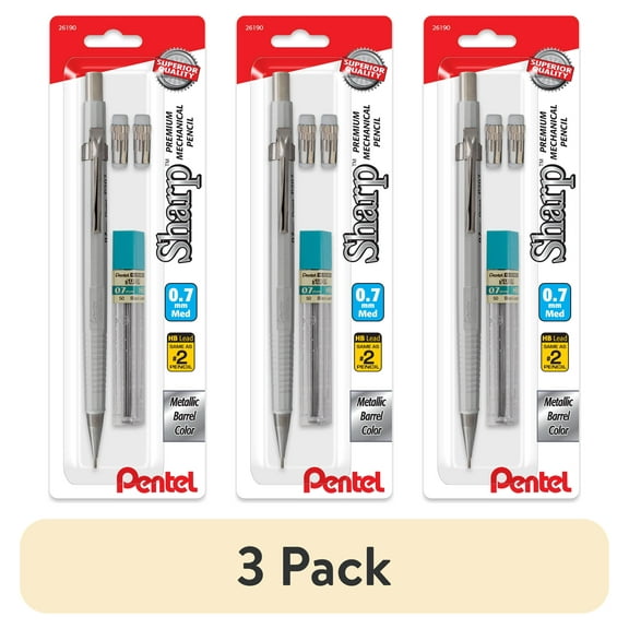(3 pack) Pentel Sharp Metallic Mechanical Pencil, .7mm point with Lead and Erasers