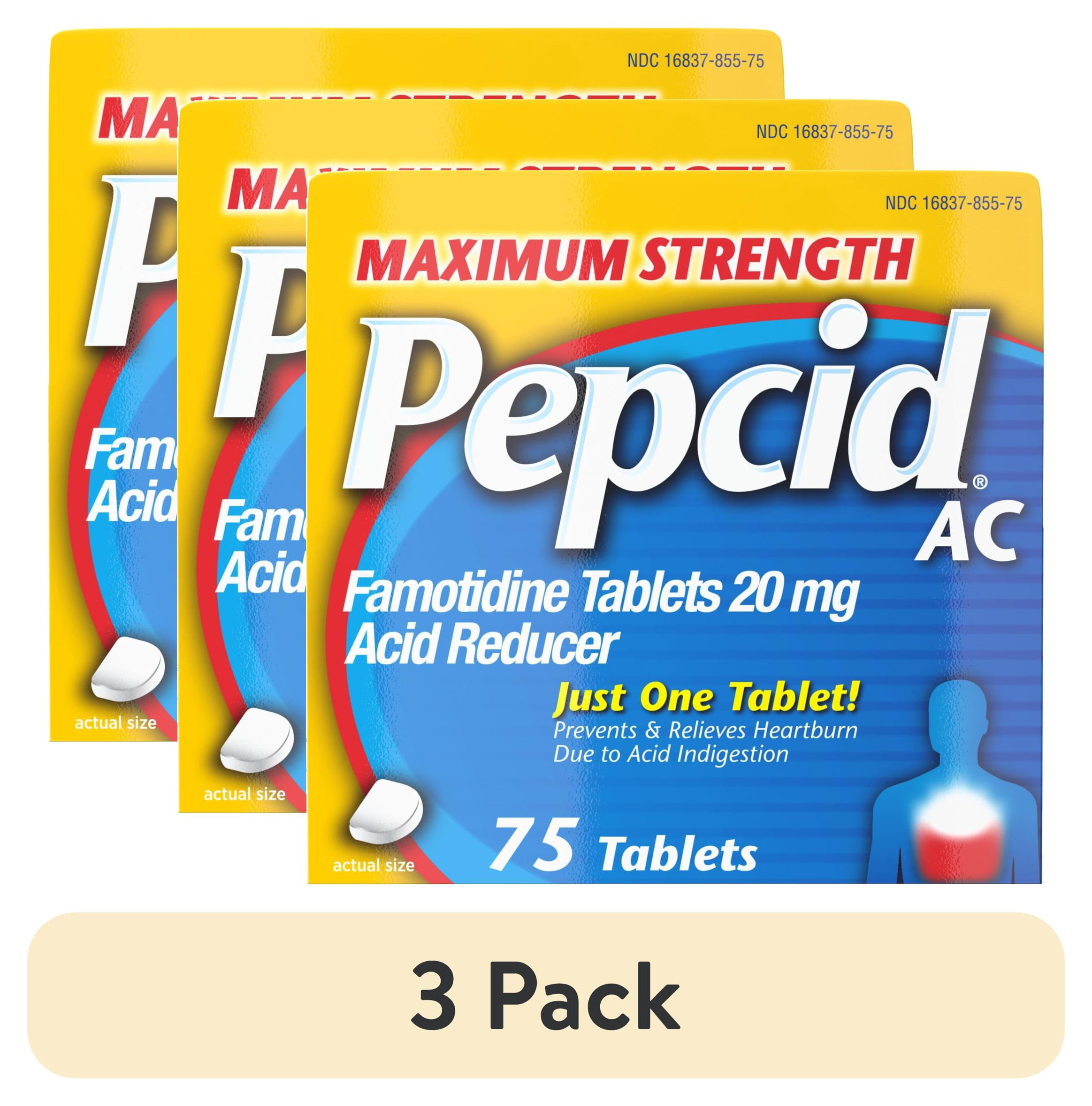 (3 pack) Pepcid AC Maximum Strength Heartburn Medicine, Famotidine 20mg Acid Reducer, Heartburn Relief, 75 Count