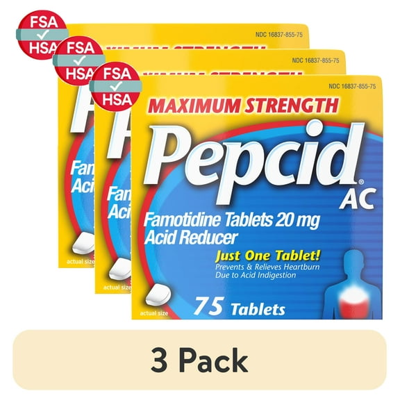 (3 pack) Pepcid AC Maximum Strength Heartburn Medicine, Famotidine, 75 Count