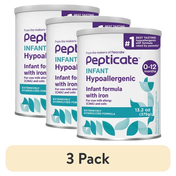 (3 pack) Pepticate Baby Formula, Hypoallergenic Powdered Infant Formula for Cow Milk Allergy, with Omega 3 DHA, ARA, Iron & Prebiotics, 13.2oz