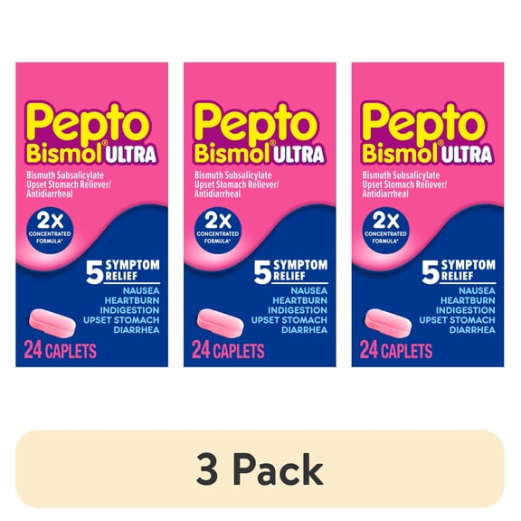 (3 pack) Pepto Bismol Caplets Ultra, Indigestion and Anti-Diarrhea Stomach Relief, 24 Count