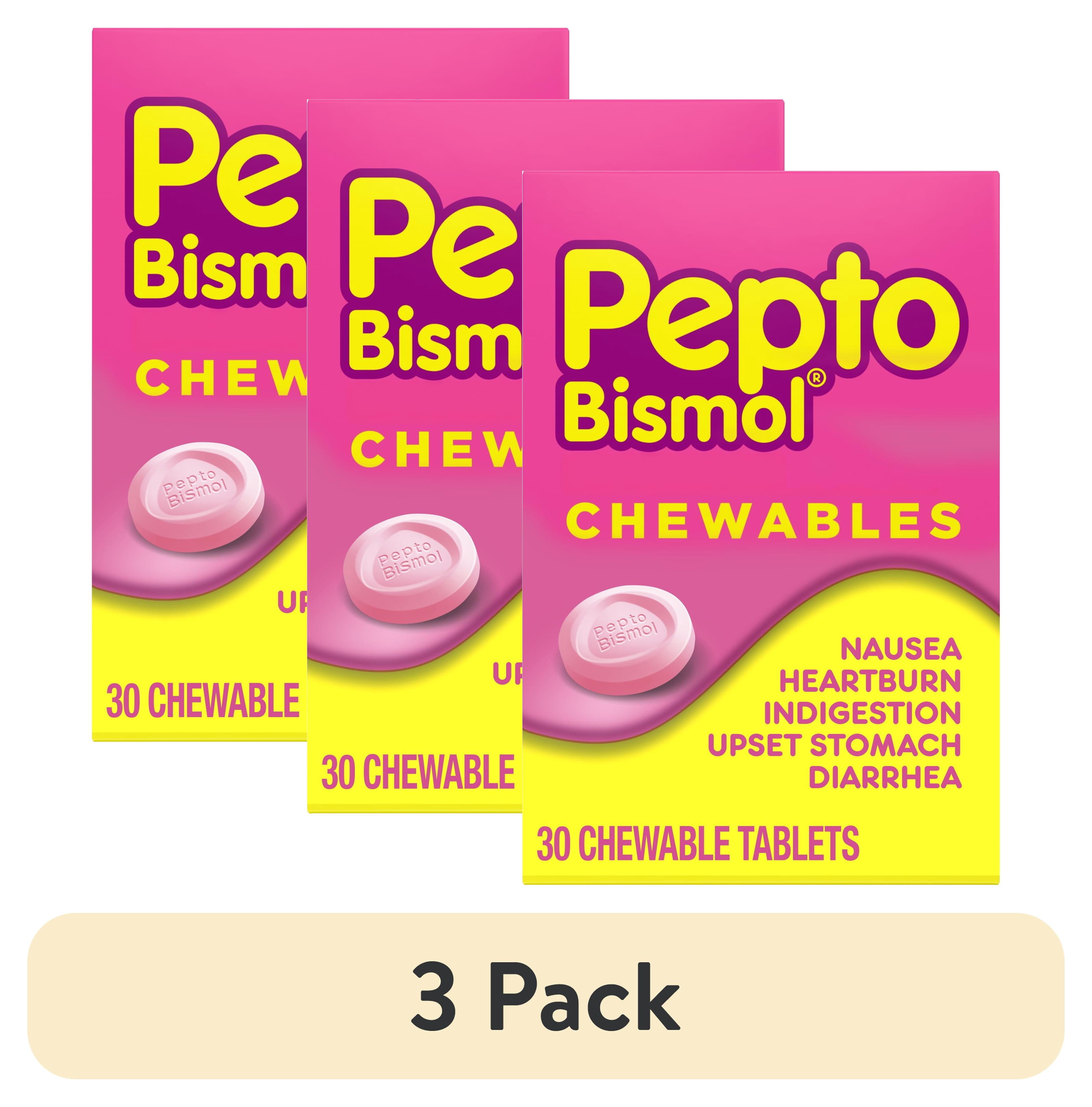 (3 pack) Pepto Bismol Chewable Tablets, Upset Stomach and Anti Diarrheal Relief, 30 Count