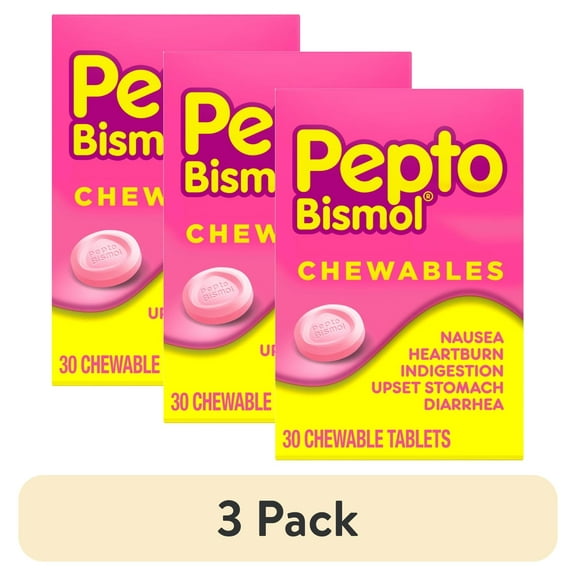 (3 pack) Pepto Bismol Chewable Tablets, Indigestion and Anti-Diarrhea Stomach Relief, Original, 30 Count