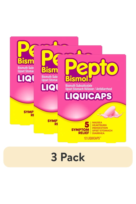 (3 pack) Pepto Bismol Liquicaps, Upset Stomach Relief, Stomach Relief, Anti-Diarrheal, 12 Count