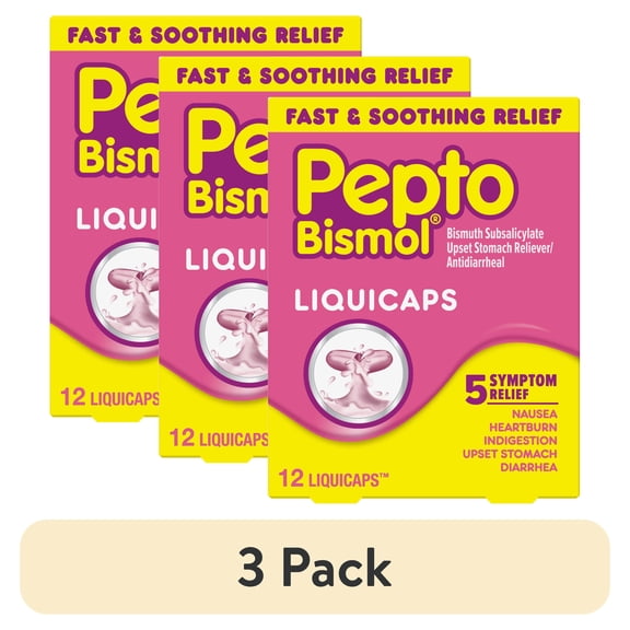(3 pack) Pepto Bismol Liquicaps, Upset Stomach Relief, Stomach Relief, Anti-Diarrheal, 12 Count
