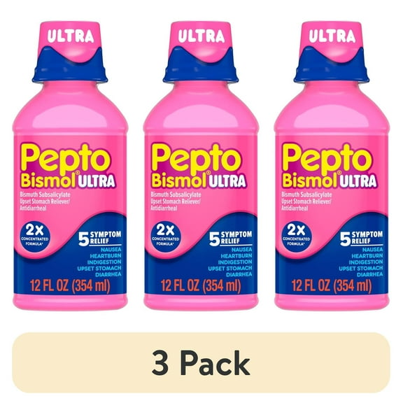 (3 pack) Pepto Bismol Ultra 5 Symptom Stomach Relief Liquid, Original, 12 oz