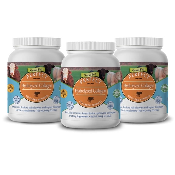(3 pack) Perfect Supplements Hydrolyzed Collagen Peptides Powder, Unflavored, Grass-Fed Healthy Protein Powder