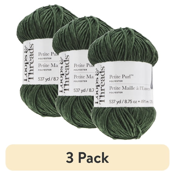 (3 pack) Petite Purl Yarn by Loops & Threads - Yarn for Knitting - Crochet - Weaving - and Arts & Crafts - Green - Polyester - 8.75 oz
