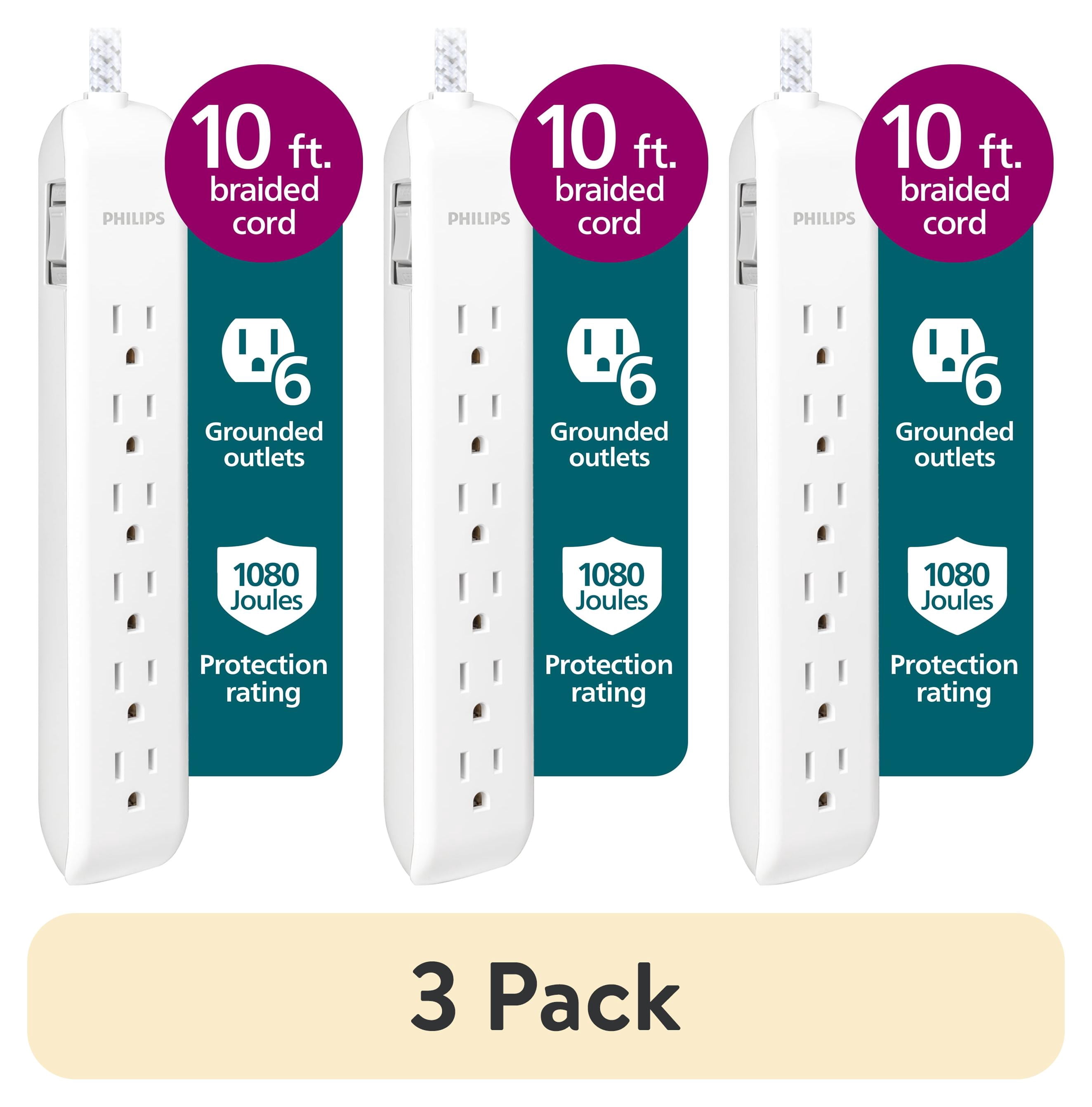 (3 pack) Philips 10ft 6 Outlet Surge Protector Power Strip, Braided Extension Cord, Outlet Extender, 1080 Joules, Flat Plug, Wall Mount, On Off Switch, White