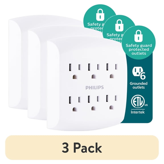 (3 pack) Philips 6 Outlet Wall Tap, 125VAC/15A/1875W, Tamper-resistant Protected Outlets, SPS1461WA/37