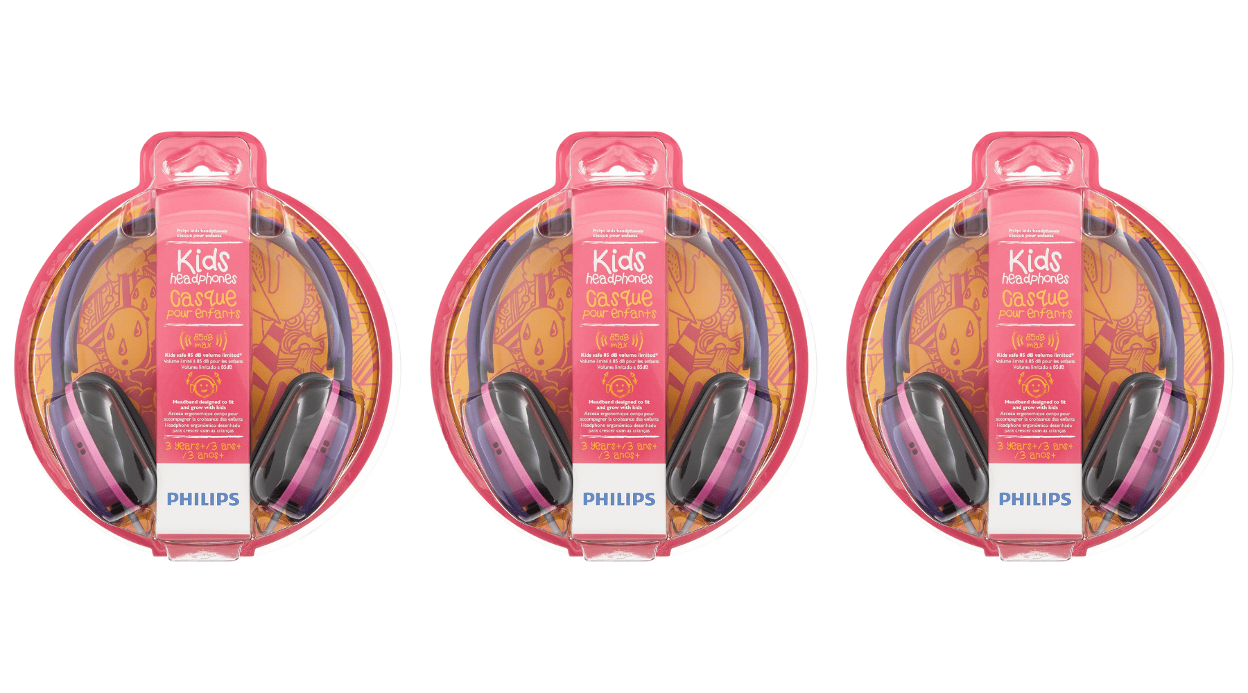 (3 pack) Philips Kids Headphones, Pink/Purple