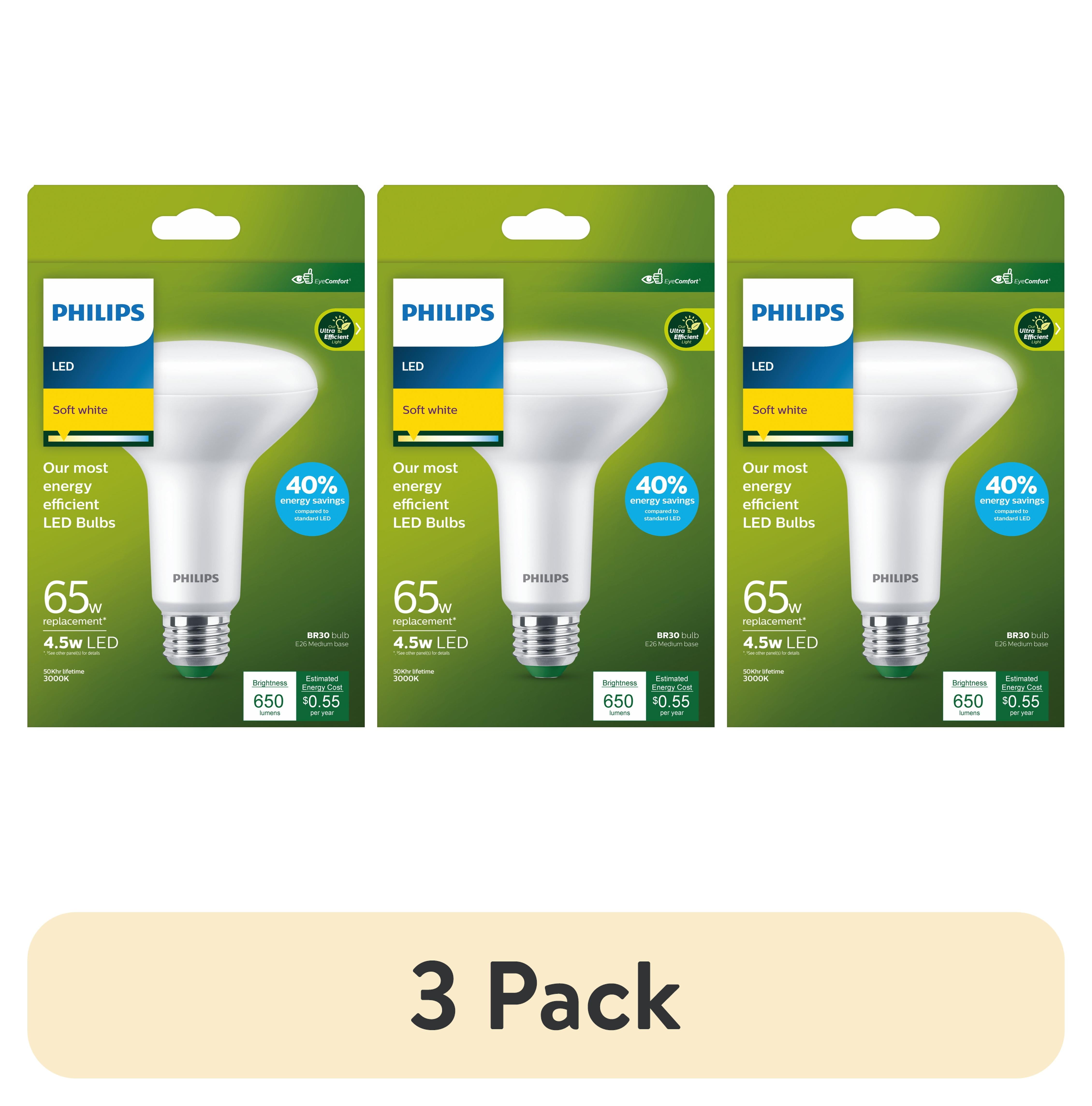 (3 pack) Philips Ultra Efficient LED 65-Watt BR30 Floodlight Light Bulb, Soft White, Dimmable, E26 Base (1-Pack)