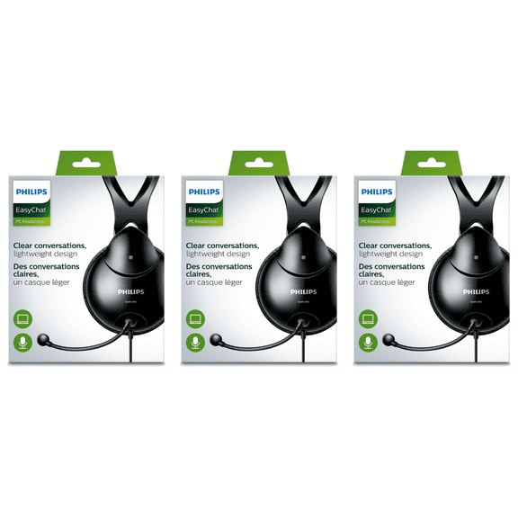 (3 pack) Philips Wired Over Ear Stereo Headphones W Mic & 2-to-1 Adapter for Zoom