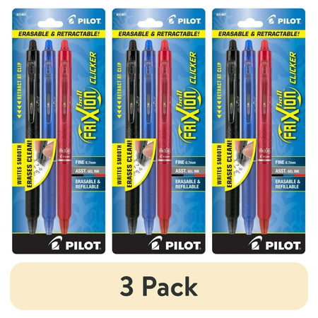 (3 pack) Pilot FriXion Clicker Erasable Gel Pens, Fine Point, Assorted Ink, 3 Count