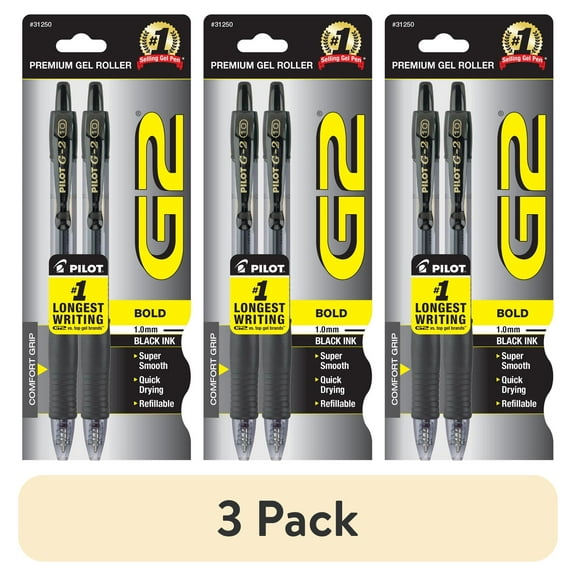 (3 pack) Pilot G2 Retractable Gel Ink Pens, Bold Point, Black, 2 Count