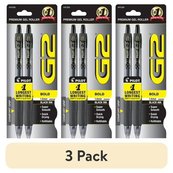 (3 pack) Pilot G2 Retractable Gel Ink Pens, Bold Point, Black, 2 Count