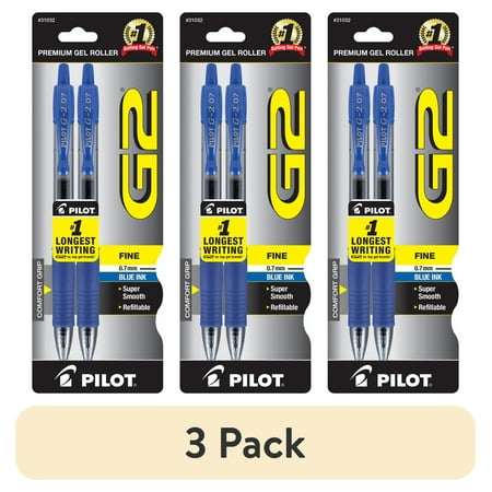 (3 pack) Pilot G2 Retractable Gel Ink Pens, Fine Point, Blue, 2 Count
